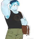  1boy arm_up armpit_hair armpits bag bara barley_lightfoot beanie black_tank_top blue_hair blue_skin blush colored_skin feet_out_of_frame goatee_stubble hat large_pectorals looking_at_viewer male_focus muscular muscular_male onward pectoral_cleavage pectorals pointy_ears presenting_armpit short_hair shoulder_bag smile solo standing tank_top thick_eyebrows yuuko_(yuuko891) 