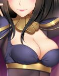  1girl black_hair black_nails bodystocking bodysuit breast_focus breasts cape cleavage fire_emblem fire_emblem_awakening head_out_of_frame large_breasts long_hair skin_tight solo tharja_(fire_emblem) upper_body yuj_(moemarket) 
