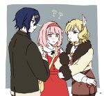  1boy 2girls alcryst_(fire_emblem) blonde_hair blue_hair blush citrinne_(fire_emblem) closed_mouth dolly_deer dress earrings feather_hair_ornament feathers fire_emblem fire_emblem_engage fur_trim gold_trim hair_ornament hairband hairclip hoop_earrings jacket jewelry lapis_(fire_emblem) looking_at_another multiple_girls necklace pink_eyes pink_hair red_dress red_eyes red_hairband short_hair simple_background 