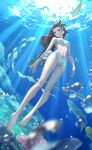  1girl absurdres barefoot bikini bow breasts brown_hair bubble crazy_ones fish from_below full_body green_bikini green_bow green_eyes highres long_hair medium_breasts navel official_art red_hair solo su_xiaoye submerged swimsuit water 