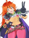  1girl absurdres ahoge armor belt black_gloves cape caprara cowboy_shot earrings fangs gem gloves green_gemstone hand_on_own_hip headband highres jewelry lina_inverse long_hair multiple_belts necklace open_mouth orange_eyes orange_hair pants pauldrons pink_pants purple_cape red_gemstone shirt short_sleeves shoulder_armor simple_background slayers solo sword teeth v weapon white_background yellow_shirt 