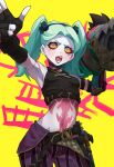  1girl absurdres belt black_gloves blue_hair breasts colored_sclera cosplay cowboy_shot cyberpunk_(series) cyberpunk_edgerunners english_commentary fingerless_gloves gloves green_eyes highres jinx_(league_of_legends) jinx_(league_of_legends)_(cosplay) league_of_legends looking_at_viewer midriff multicolored_eyes navel open_mouth pale_skin pants rebecca_(cyberpunk) red_eyes red_sclera rocket_launcher simple_background small_breasts solo standing stomach stomach_tattoo striped striped_pants tank_top tattoo teeth twintails unusualpie v-shaped_eyebrows weapon yellow_background 