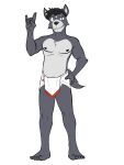  3:4 adastra adastra_(series) amicus_(adastra) anthro canid canine canis clothed clothing devil_horns_(gesture) echo_project fuze gesture hi_res loincloth_only male mammal navel nipples simple_background solo topless white_background wolf 