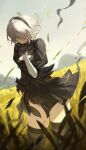  1girl black_dress black_hairband black_thighhighs breasts closed_eyes clothing_cutout commentary_request crying dress gloves goomrrat grasslands hairband highres juliet_sleeves leotard long_sleeves medium_breasts mole mole_under_mouth nier:automata nier_(series) puffy_sleeves short_hair skirt solo standing tears thighhighs thighs white_hair yorha_no._2_type_b 