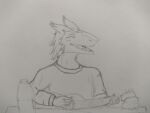  4:3 anthro clothing dalua eyes_closed fur graphite_(artwork) guitar male monochrome musical_instrument open_mouth plucked_string_instrument sergal smile solo string_instrument sweater topwear traditional_media_(artwork) 