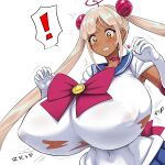  ! 1girl absurdres alternate_breast_size alternate_costume bishoujo_senshi_sailor_moon blonde_hair blue_skirt blush breasts bursting_breasts clenched_teeth cosplay covered_navel covered_nipples dark-skinned_female dark_skin dutch_angle elbow_gloves gloves hair_ornament highres hololive hololive_english huge_breasts impossible_clothes jadf light_brown_hair limiter_(tsukumo_sana) long_hair looking_down planet_hair_ornament pleated_skirt sailor_moon sailor_moon_(cosplay) short_sleeves sidelocks simple_background skin_tight skirt solo spoken_exclamation_mark tan teeth torn_clothes tsukumo_sana twintails upper_body very_long_hair virtual_youtuber wardrobe_malfunction white_background white_gloves yellow_eyes 