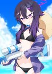  1girl alternate_costume bikini black_bikini blue_archive blue_sky blurry blurry_background blush closed_mouth cloud commentary cowboy_shot fingernails flat_chest hair_between_eyes hair_ornament hairclip haruka_(blue_archive) hat hat_around_neck highres holding holding_water_gun jacket jakomurashi long_bangs long_hair long_sleeves looking_at_viewer ocean off_shoulder open_clothes open_jacket purple_eyes purple_hair purple_jacket sky smile solo straw_hat swimsuit trigger_discipline water_gun wavy_mouth 