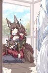  4girls ? absurdres age_difference aged_down akagi-chan_(azur_lane) amagi-chan_(azur_lane) amagi_(azur_lane) animal_ear_fluff animal_ears azur_lane bell black_kimono blue_sky blunt_bangs blush breasts brown_hair brown_tail cleavage cloud cloudy_sky commentary dated_commentary fox_ears fox_girl fox_tail hair_bell hair_ornament hand_on_another&#039;s_head highres hug hug_from_behind indoors japanese_clothes kaga_(azur_lane) kimono kitsune kyuubi large_breasts long_hair lying lying_on_lap multiple_girls multiple_tails on_floor on_stomach open_mouth out_of_frame print_kimono purple_eyes red_kimono samip sitting sky smile sound_effects sweatdrop tail tree twintails white_kimono white_tail wide_sleeves window 