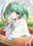  1girl bucket green_eyes green_hair green_nails hair_bobbles hair_ornament head_tilt highres in_bucket in_container japanese_clothes kimono kisume leaning_on_object looking_at_viewer medium_hair nail_polish nyarocks open_mouth solo touhou two_side_up upper_body white_kimono wide_sleeves wooden_bucket 