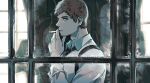  1boy ardbert_(ff14) blue_eyes brown_hair cigarette collared_shirt facial_hair final_fantasy final_fantasy_xiv holding holding_cigarette hyur male_focus necktie shirt short_hair smoking solo takuyasaeki upper_body white_shirt window 