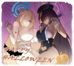  2girls asuna_(blue_archive) bandages black_hair black_headwear blue_archive blue_eyes blue_halo breasts clothing_cutout fingernails hair_between_eyes hair_over_one_eye halloween halloween_costume halo happy_halloween hat heart_cutout highres jiangshi_costume joker0744g karin_(blue_archive) large_breasts light_brown_hair long_hair multiple_girls mummy_costume nail_polish naked_bandage ofuda open_mouth patchwork_skin pelvic_curtain purple_halo purple_nails smile yellow_eyes 