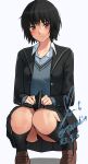  1girl amagami black_cardigan black_hair black_sailor_collar black_skirt blue_sweater blush brown_eyes brown_footwear cardigan clothes_lift collarbone collared_shirt commentary dated dress_shirt highres kibito_high_school_uniform knees_together_feet_apart lifted_by_self light_smile loafers long_sleeves looking_at_viewer nanasaki_ai open_cardigan open_clothes pleated_skirt revision sailor_collar school_uniform shadow shirt shoes short_hair signature simple_background skirt skirt_lift smile solo squatting sweater swimsuit swimsuit_under_clothes twitter_username upskirt white_background white_shirt yoo_tenchi 