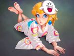  1girl barefoot blonde_hair blue_eyes boo_(mario) earrings feet fire_flower japanese_clothes jewelry kimono light_blush long_hair looking_at_viewer lying mario_(series) official_alternate_costume on_stomach princess_peach puffypinkpaws soles solo super_mario_odyssey the_pose toes yukata 
