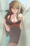  1girl 7-mzk assault_lily bare_arms bare_shoulders black_ribbon blurry blurry_background blush bow breasts brown_bow brown_hair chemise cleavage collarbone covered_navel curtain_grab curtains day hair_between_eyes hair_ribbon hands_up heterochromia highres indoors kuo_shenlin large_breasts light_particles light_smile long_hair looking_at_viewer official_alternate_costume one_side_up parted_lips red_eyes ribbon sidelocks solo spaghetti_strap standing transparent very_long_hair window yellow_eyes 