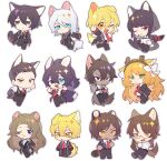  6+boys 6+girls :3 :d animal_ear_fluff animal_ears antlers arm_up bear_ears beard_stubble black_coat black_eyes black_gloves black_hair black_jacket blonde_hair blue_eyes blunt_ends bow brown_eyes brown_hair brown_hairband cat_ears cat_tail chest_harness chibi cigarette closed_mouth coat collared_shirt commentary dark-skinned_female dark-skinned_male dark_skin deer_antlers deer_ears deer_tail dog_ears don_quixote_(project_moon) facial_hair fang faust_(project_moon) fevercat fox_ears fox_tail freckles glasses gloves green_eyes gregor_(project_moon) grey_sweater hair_between_eyes hair_bow hairband harness heathcliff_(project_moon) heterochromia highres holding holding_cigarette hong_lu_(project_moon) id_card ishmael_(project_moon) jacket jitome kemonomimi_mode leg_up limbus_company long_hair long_sleeves looking_at_viewer meursault_(project_moon) multiple_boys multiple_girls necktie nekomata one_eye_closed open_mouth orange_eyes orange_hair outis_(project_moon) ponytail project_moon raccoon_ears raccoon_tail red_eyes red_necktie ribbed_sweater rodion_(project_moon) ryoshu_(project_moon) scar scar_on_face shirt short_hair simple_background sinclair_(project_moon) smile standing standing_on_one_leg stubble sweater tail triangle_mouth turtleneck turtleneck_sweater very_long_hair white_background white_bow white_hair white_shirt wing_collar wolf_ears wolf_tail yellow_eyes yi_sang_(project_moon) 