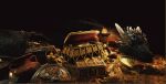  2020 3d_(artwork) ambiguous_gender black_body black_scales coin digital_media_(artwork) dragon feral fire gold_(metal) gold_coin hi_res horn kery_(artist) lying on_front scales shield snout solo treasure treasure_chest urn white_horn 