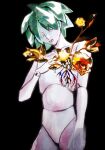  1other black_background closed_eyes completely_nude cowboy_shot doll_joints eyelashes facing_down flower glowing green_hair hand_on_own_chest highres houseki_no_kuni joints keyahorse nude other_focus phosphophyllite puppet red_flower roots short_hair simple_background solo yellow_flower 