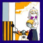  1girl 3ma_can_omochi ahoge black_skirt blue_border border collared_shirt colored_inner_hair commentary cropped_legs grey_hair hair_ornament hairclip helmet highres holding holding_helmet looking_to_the_side looking_up moped motor_vehicle motorcycle_helmet multicolored_background multicolored_hair original pleated_skirt purple_hair red_nails shirt shirt_tucked_in short_sleeves skirt solo striped_hair twitter_username utility_pole white_background white_shirt yellow_background 