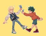  ! !! 2boys aged_down all_might artist_name bakugou_katsuki black_shirt blonde_hair blush boku_no_hero_academia card child closed_eyes commentary denim english_commentary freckles full_body green_hair habkart highres holding holding_card hood hood_down hooded_jacket hoodie jacket jeans long_sleeves male_child male_focus midoriya_izuku multiple_boys open_clothes open_jacket orange_hoodie pants red_footwear shirt shoes short_hair shorts simple_background smile sneakers sparkle spiked_hair standing yellow_background 