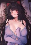  1girl animal_ears bare_shoulders bed black_hair blush breasts cleavage collarbone dog_ears dog_girl elbow_gloves gloves heterochromia highres hitanu inui_toko large_breasts lingerie long_hair looking_at_viewer lying navel nightgown nijisanji off_shoulder on_back on_bed open_mouth pillow red_eyes smile solo_focus strap_slip underwear upper_body very_long_hair virtual_youtuber yellow_eyes 