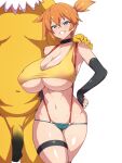  1boy 1girl blue_eyes blush breasts dd_(giogio99) green_eyes highres huge_breasts looking_at_viewer misty_(pokemon) navel nipples open_mouth orange_hair pokemon pokemon_(anime) pokemon_(creature) pokemon_(game) shirt short_hair shorts side_ponytail smile solo swimsuit yellow_shirt 