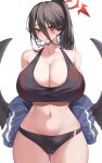  1girl ass_visible_through_thighs bare_shoulders black_hair black_sports_bra black_wings blue_archive blue_jacket breasts cleavage collarbone commentary_request cowboy_shot feathered_wings hair_between_eyes halo hasumi_(blue_archive) high_ponytail highres huge_breasts jacket kuavera long_hair long_sleeves looking_at_viewer low_wings mole mole_under_eye navel open_clothes open_jacket parted_lips raised_eyebrows red_eyes skindentation sleeves_past_fingers sleeves_past_wrists solo sports_bra sweat thighs track_jacket wings zipper 