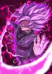  1boy artist_name aura baggy_pants biceps black_pants black_shirt commentary_request dougi dragon_ball dragon_ball_super earrings electricity energy energy_weapon goku_black hand_up highres holding holding_weapon jewelry long_sleeves looking_at_viewer male_focus muscular muscular_male pants parted_lips pectorals pink_hair potara_earrings purple_background purple_sash red_eyes sash seya_(asasei_718) shirt signature smile smirk solo spiked_hair super_saiyan super_saiyan_rose v-shaped_eyebrows weapon 
