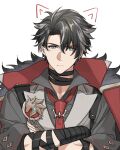  1boy black_hair closed_mouth coat crossed_arms fur-trimmed_coat fur_trim genshin_impact highres jewelry long_sleeves looking_at_viewer male_focus multicolored_hair nage_(sacosui_ng) necktie parted_bangs red_eyeliner red_necktie short_hair simple_background solo streaked_hair upper_body white_background wriothesley_(genshin_impact) 