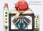  1boy acceptor anniversary closed_eyes computer gridman_(ssss) gridman_universe hibiki_yuuta monitor red_hair risyo shirt short_hair short_sleeves sleeping ssss.gridman tokusatsu white_shirt 