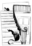  ambiguous_gender bannister black_and_white black_cat_(varjak_paw) building crouching dave_mckean detailed_background domestic_cat door duo felid feline felis feral house inside mammal monochrome official_art sitting stairs tail varjak_paw 