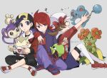  &gt;_&lt; 1girl 2boys ^_^ aipom backwards_hat bellossom blue_eyes blue_hair brown_hair carrying closed_eyes commentary_request ethan_(pokemon) hat konpei_(konpeito_210) leaning_on_person lyra_(pokemon) marill multiple_boys natu on_ground pokemon pokemon_(creature) pokemon_(game) pokemon_hgss red_hair silver_(pokemon) simple_background sitting togepi 