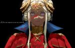  1girl 91007 :| artist_name black_background blood blood_on_clothes blood_on_face closed_mouth commentary copyright_name double_bun edelgard_von_hresvelg fire_emblem fire_emblem:_three_houses gem gold_horns hair_bun headpiece horns long_hair parted_bangs portrait purple_eyes red_gemstone short_hair_with_long_locks simple_background solo straight-on twitter_username upper_body white_hair 