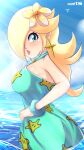  1girl artist_name axasempai bare_arms bare_shoulders blonde_hair blue_eyes breasts earrings hair_over_one_eye halterneck highres jewelry large_breasts long_hair mario_(series) mario_kart mario_kart_tour official_alternate_costume rosalina star_(symbol) star_earrings 