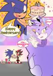  1girl 2boys absurdres anniversary birthday_cake black_fur blaze_the_cat blue_fur blush cake crossed_arms food forehead_jewel gloves happy_anniversary highres multiple_boys one_eye_closed open_mouth ponytail purple_fur red_footwear red_fur shadow_the_hedgehog shadow_the_hedgehog_(game) sonic_(series) sonic_rush sonic_the_hedgehog speech_bubble stellarspin white_gloves yellow_eyes 