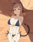  1girl alternate_breast_size animal_ear_headphones animal_ears bare_shoulders bikini black_bikini blonde_hair blue_archive blunt_bangs breasts cat_ear_headphones cat_tail cleavage closed_mouth collarbone covered_nipples cowboy_shot fake_animal_ears headphones highres huge_breasts looking_at_viewer low_tied_sidelocks lying maid_headdress medium_hair micro_bikini momoi_(blue_archive) navel on_back pink_eyes side-tie_bikini_bottom smile snorkel14 solo string_bikini swimsuit tail v_arms 