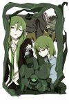  3boys black_jacket blue_shirt brown_eyes closed_mouth collared_shirt commentary_request eyebrow_cut ganeshia giovanni_(project_moon) green_hair green_jacket green_necktie highres jacket library_of_ruina lobotomy_corporation long_hair long_sleeves multiple_boys multiple_persona necktie netzach_(project_moon) open_clothes open_collar open_jacket project_moon shirt short_hair sketch spoilers white_shirt 