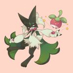  1other :d bounsweet claws commentary_request furry happy highres looking_to_the_side meowscarada open_mouth pokemon pokemon_(creature) simple_background smile star_(symbol) towa_(clonea) yellow_eyes 