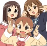  3girls :d :o aioi_yuuko arms_at_sides artist_name azumanga_daioh azumanga_daioh&#039;s_school_uniform black_jacket blazer blue_bow blue_bowtie blue_ribbon blush bob_cut bow bowtie brown_eyes brown_hair commentary crossover double_v dress_shirt english_commentary flipped_hair hair_between_eyes hair_ornament hairclip hands_up highres hirasawa_yui jacket k-on! kasuga_ayumu light_blush looking_at_viewer medium_hair multiple_crossover multiple_girls neck_ribbon nichijou open_mouth outline pink_bow pink_bowtie pink_serafuku red_ribbon ribbon sailor_collar sakuragaoka_high_school_uniform school_uniform serafuku shirt short_hair signature simple_background smile spawfin teeth tokisadame_school_uniform trait_connection upper_body upper_teeth_only v white_background white_outline white_sailor_collar white_shirt winter_uniform yellow_serafuku yellow_shirt 