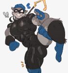  2023 abs absurd_res akachionmain anthro ball_outline barazoku big_bulge big_muscles bodysuit boots bulge clothing detailed_bulge emanata exclamation_point fighting_pose fingerless_gloves footwear genital_outline gloves handwear hat headgear headwear hi_res huge_bulge huge_muscles legband looking_at_viewer male mammal mask muscular muscular_anthro muscular_male navel_outline pecs penis_outline pose procyonid raccoon simple_background skinsuit sly_cooper sly_cooper_(series) smile solo sony_corporation sony_interactive_entertainment staff sucker_punch_productions thick_thighs thighband tight_clothing white_background 