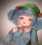  1girl :p backpack bag blue_eyes blue_hair blue_shirt blunt_bangs breasts commentary_request grey_background hair_bobbles hair_ornament half-closed_eyes hand_up hat highres kawashiro_nitori key long_sleeves pukuno shirt signature simple_background small_breasts solo tongue tongue_out touhou upper_body 