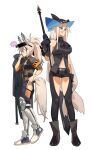  &gt;_&lt; 2girls animal_ears arknights armband ascot bare_shoulders black_ascot black_footwear black_headwear black_pants black_shirt blue_footwear breasts brown_shirt clothing_cutout full_body grani_(arknights) grey_hair hat height_difference highres holding holding_clothes holding_jacket holding_sword holding_weapon horse_ears horse_girl horse_tail jacket jacket_removed knifedragon large_breasts long_hair low-tied_long_hair multiple_girls pants ponytail red_eyes shin_guards shirt shoes simple_background skadi_(arknights) sleeveless sleeveless_shirt small_breasts spoken_expression standing sword tail thigh_cutout very_long_hair visor_cap visor_lift weapon white_background 