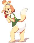  accessory animal_crossing anthro bell blush bottomwear canid canine canis clothing coopitchu diaper domestic_dog female hair_accessory hair_tie hi_res isabelle_(animal_crossing) mammal nintendo open_mouth phone skirt solo standing tongue 