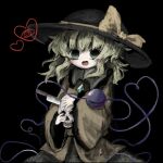  1girl black_background black_headwear blush bow bright_pupils buttons collared_shirt diamond_button eyeball floral_print frilled_shirt_collar frilled_sleeves frills green_eyes green_skirt hands_up hat hat_bow hat_ribbon heart heart_of_string heripantomorrow holding holding_skull knife knife_in_head komeiji_koishi light_green_hair long_sleeves looking_at_viewer medium_hair object_through_head open_mouth ribbon rose_print shirt simple_background skirt skull smile solo touhou upper_body wavy_hair wide_sleeves yellow_bow yellow_ribbon yellow_shirt 