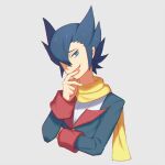  1boy :d aqua_eyes black_hair buttons commentary_request grimsley_(pokemon) hand_up head_tilt jacket long_sleeves male_focus open_mouth pointy_hair pokemon pokemon_(game) pokemon_bw scarf shirt smile solo upper_body white_shirt wusagi2 yellow_scarf 