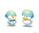  ? artist_name beak blue_eyes closed_eyes commentary_request cosplay full_body hands_on_own_hips piplup pokemon pokemon_(creature) quaxly quaxly_(cosplay) simple_background spoken_question_mark twitter_username uin6uad white_background wig 