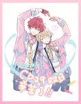  2boys amagi_hiiro aqua_eyes blonde_hair candy closed_mouth collared_shirt commentary_request cowboy_shot ensemble_stars! fingerless_gloves food gloves green_eyes head_on_another&#039;s_shoulder heart heart_hands lapels long_sleeves looking_at_viewer male_focus midriff multiple_boys one_eye_closed polka_dot_bowtie polka_dot_necktie red_gloves red_hair seuga shiratori_aira_(ensemble_stars!) shirt short_hair suspenders translation_request yaoi 