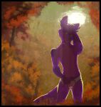 5_fingers absurd_res anthro autumn boblios border briefs clothing detailed_background fingers fur hand_on_head hi_res hybrid looking_at_viewer male particles plant plantigrade pubes pulling_underwear purple_body purple_eyes purple_fur shrub smile solo standing sun tree underwear 