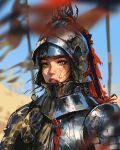  1girl armor blood blood_on_face blurry blurry_background blurry_foreground breastplate commentary english_commentary freckles full_armor green_eyes helmet highres knight original parted_lips sam_yang shoulder_armor solo teeth upper_body 