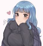  1girl alternate_costume artist_name black_sweater blue_hair blunt_bangs blush breasts brown_eyes fire_emblem fire_emblem:_three_houses heart highres large_breasts long_hair looking_at_viewer marianne_von_edmund purrlucii simple_background sleeves_past_wrists smile solo sweater upper_body white_background 