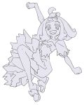  1girl acerola_(pokemon) ahoge arm_up clenched_hand donuttypd dress hair_ornament hand_up looking_at_viewer medium_hair monochrome open_mouth open_smile patchwork_clothes pokemon pokemon_(game) pokemon_sm sandals short_sleeves simple_background smile white_background 